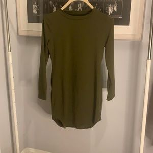 High neck, long sleeve, olive green mini dress